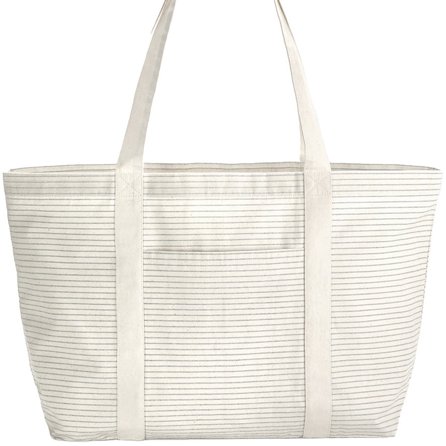 Boho market tote in grey stripe – organic cotton with deep front pocket