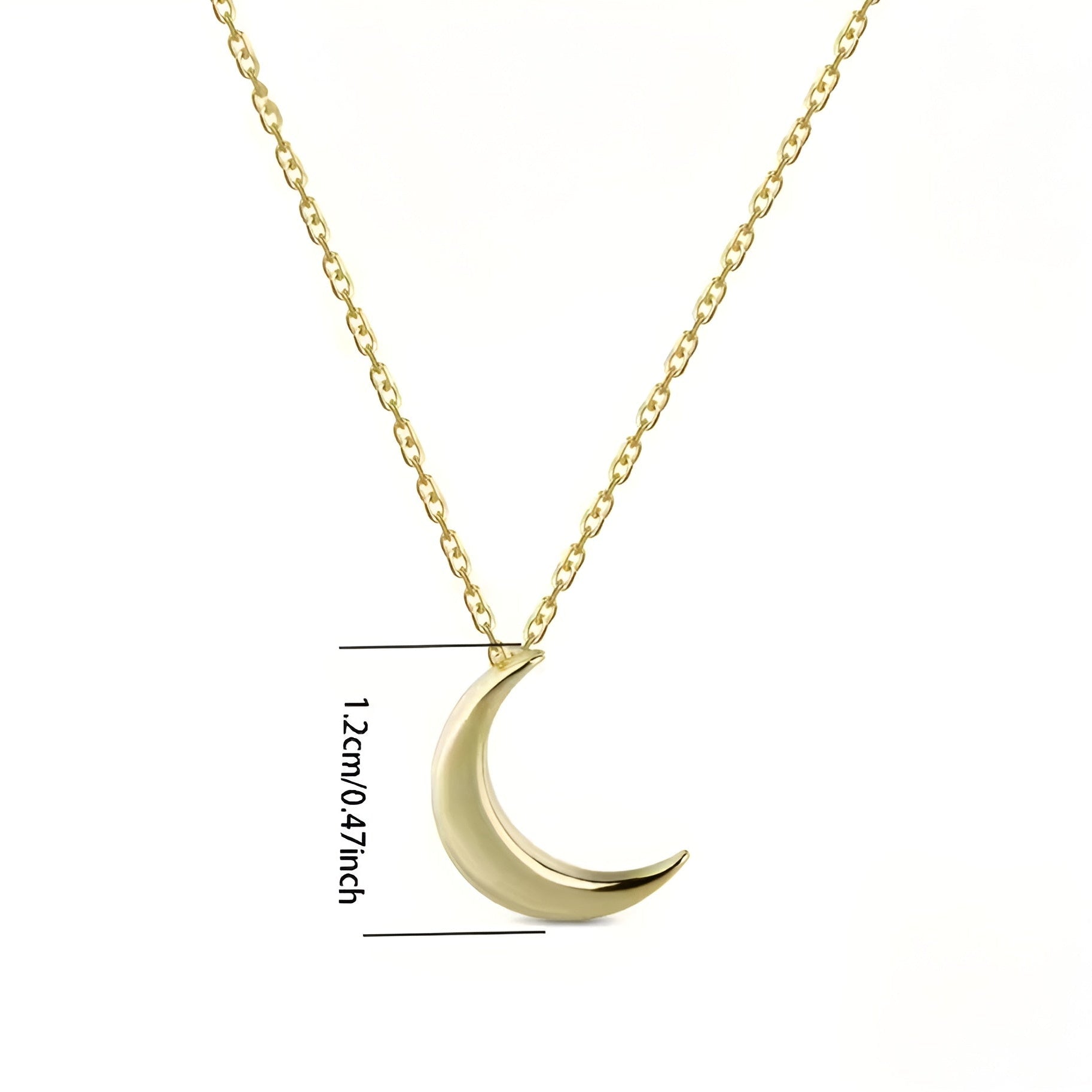 Gold crescent moon necklace with chain on a white background
