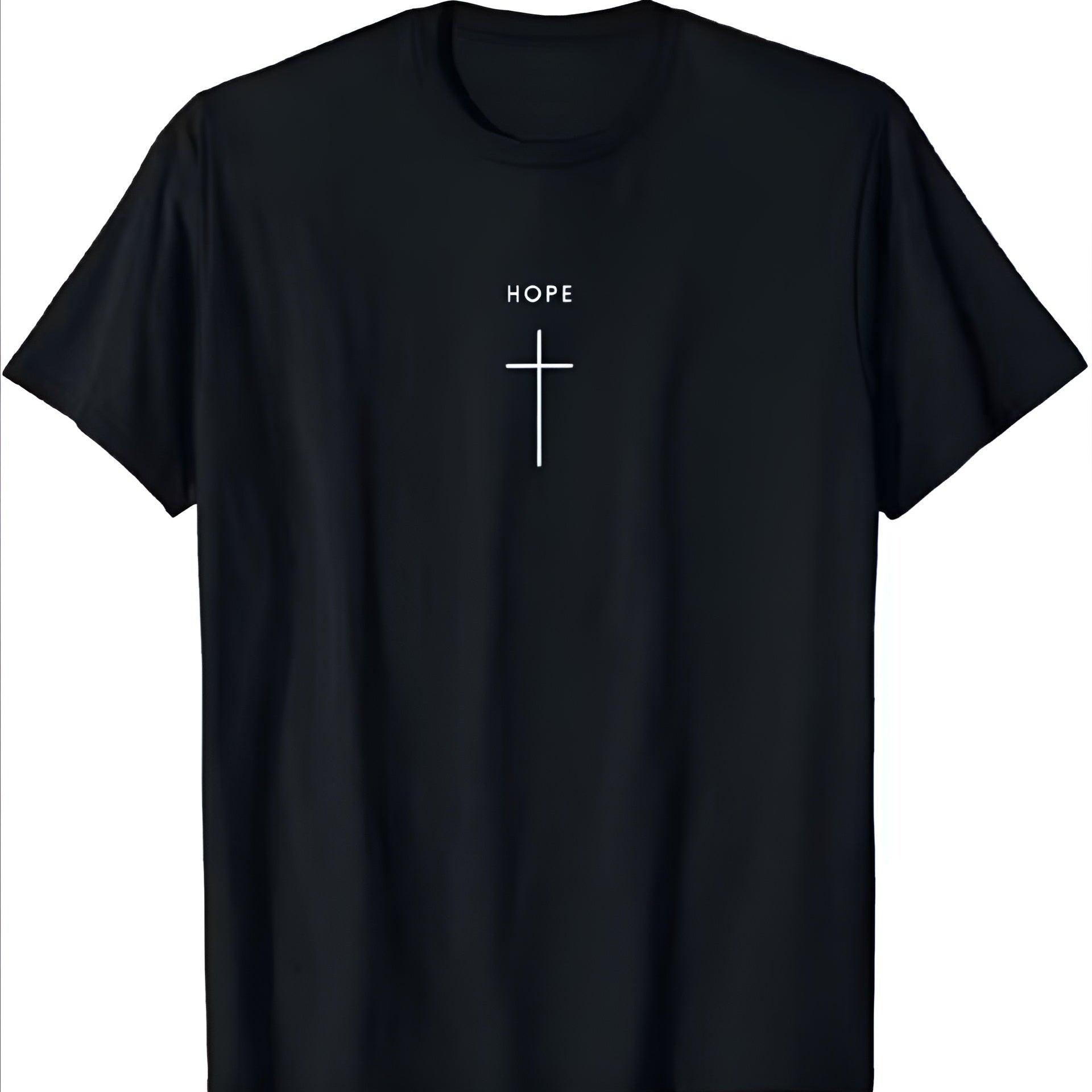 Black t-shirt with 'HOPE' and a cross on a white background