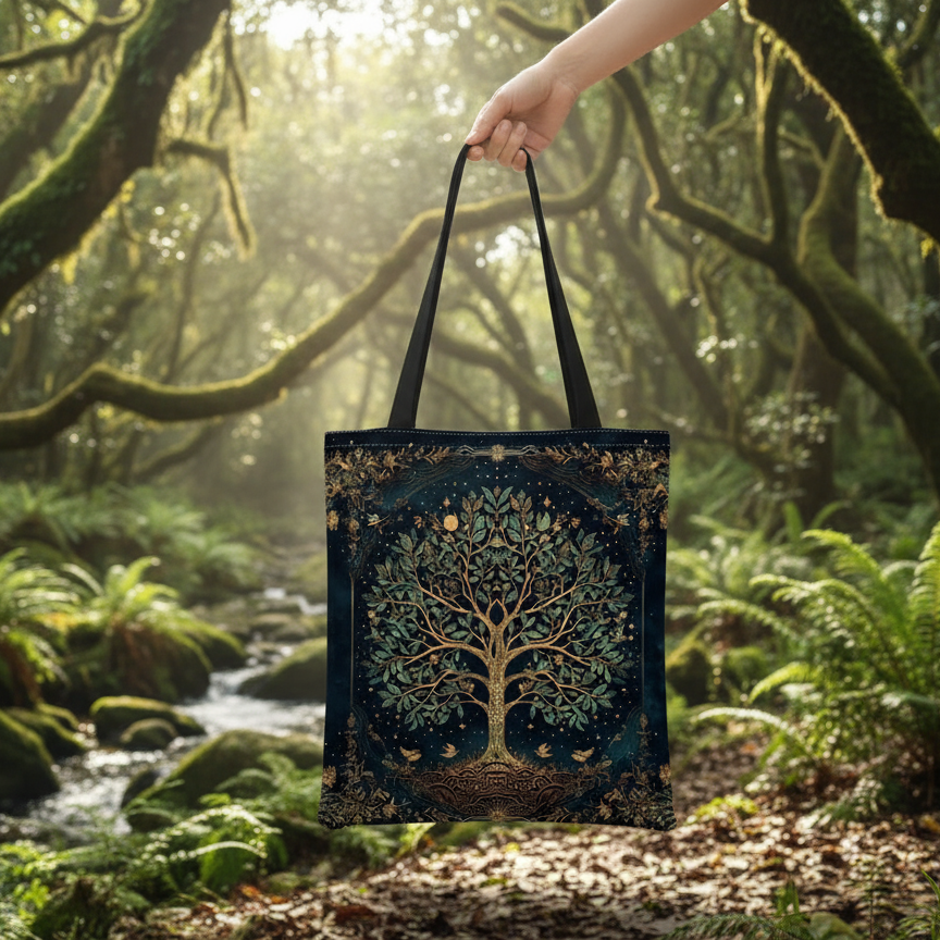 Tote bag with tree design held by a hand in a forest setting, Boho Tree of Life Tote Bag – Nature-Inspired Canvas Tote