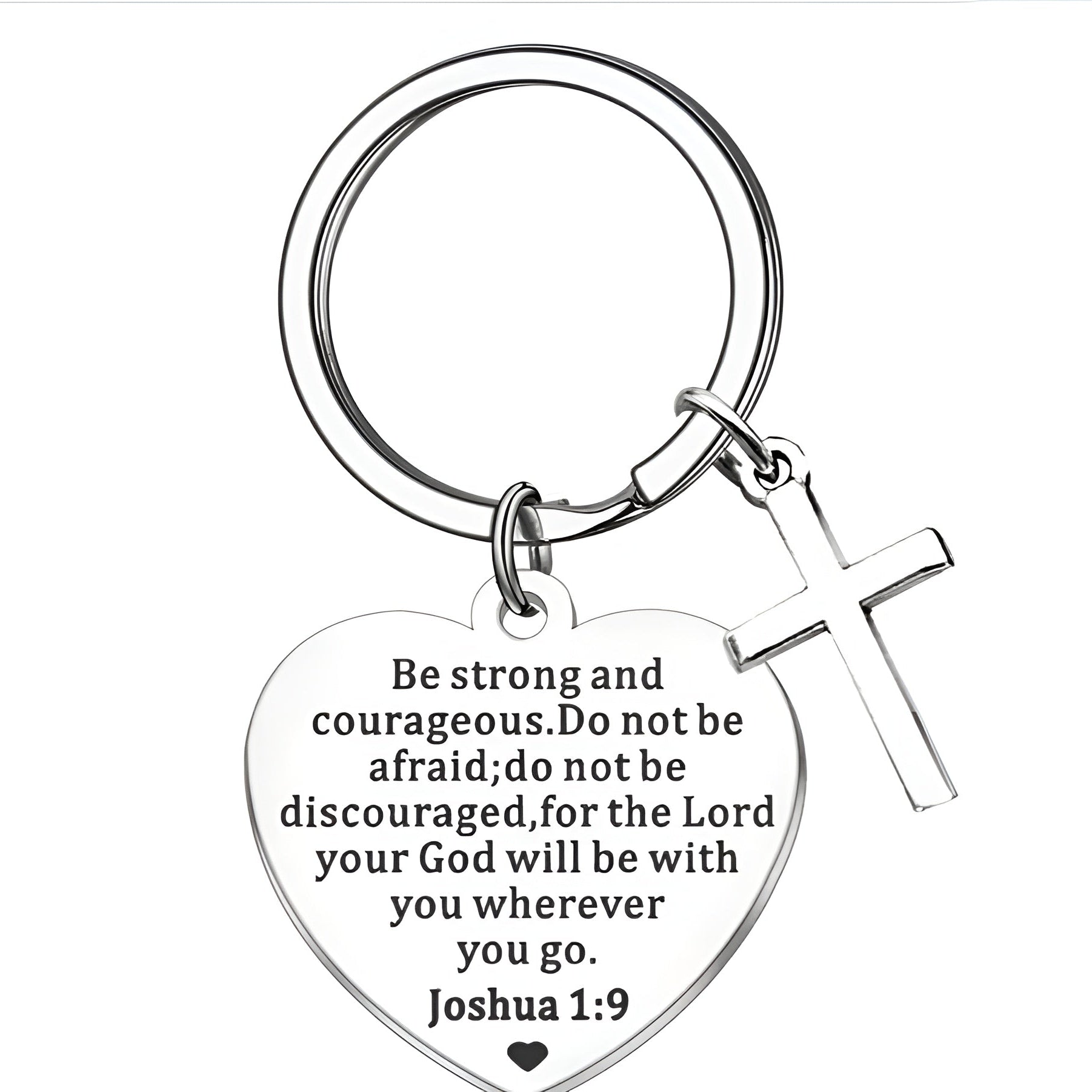 Heart-shaped Christian keychain with cross and inspirational bible quote on a white background. 