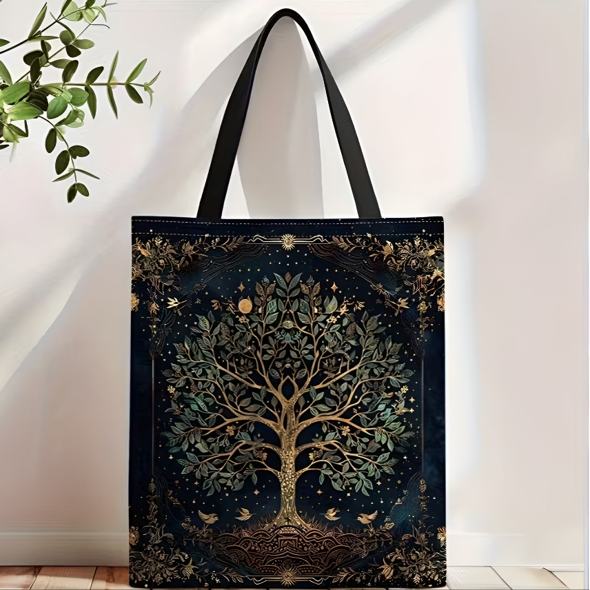Close‑up of Tree of Life print detail on bohemian tote bag
