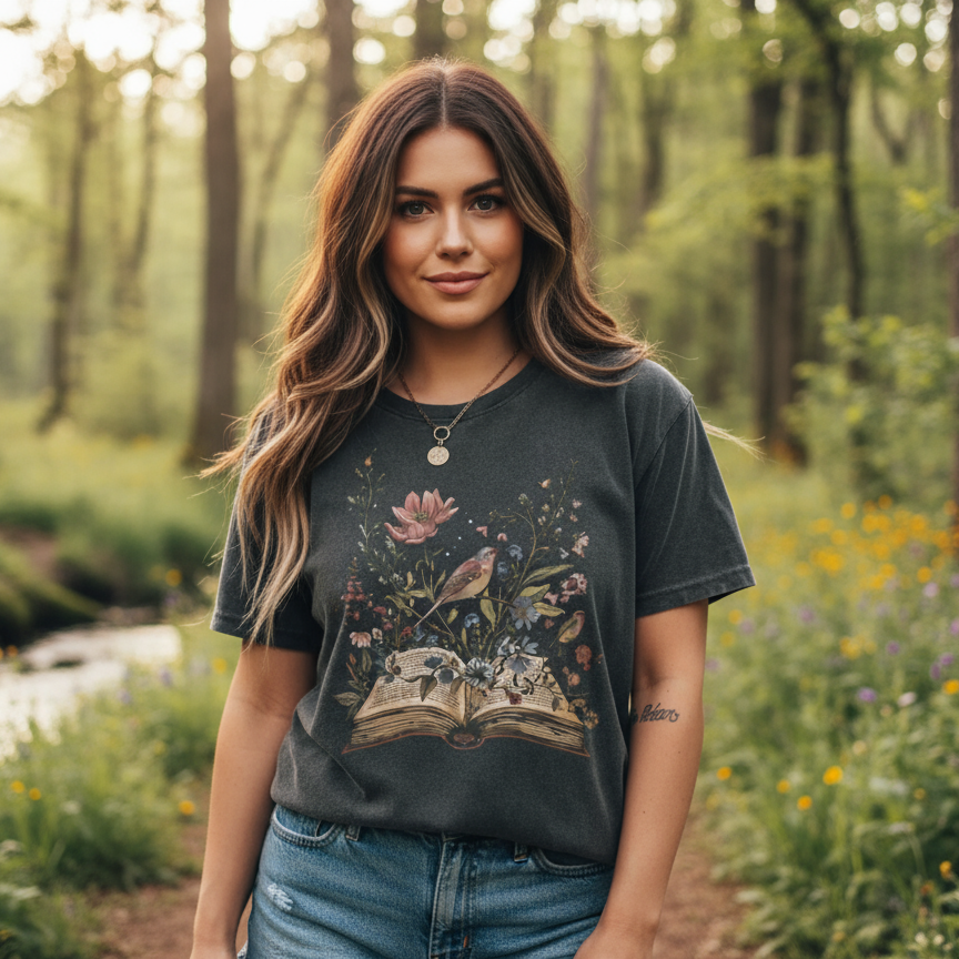 Woman wearing a nature t-shirt with a nature design in a forest setting