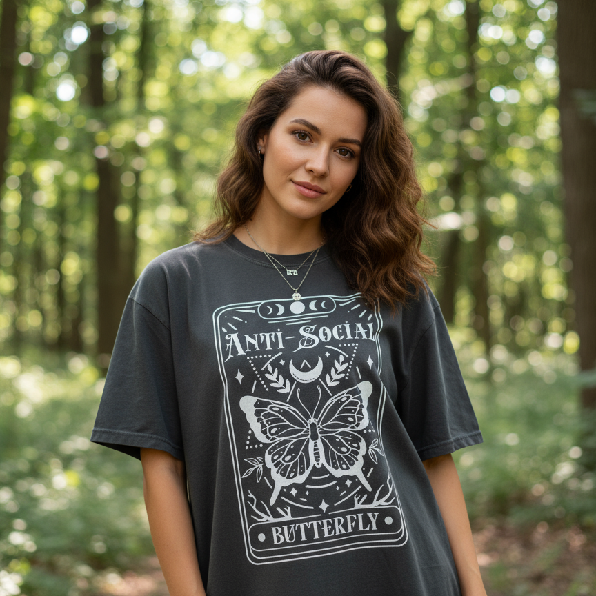 Woman wearing a black t-shirt with a butterfly graphic and text in a forest setting, Antisocial Butterfly T-Shirt – Funny Introvert Graphic Tee 