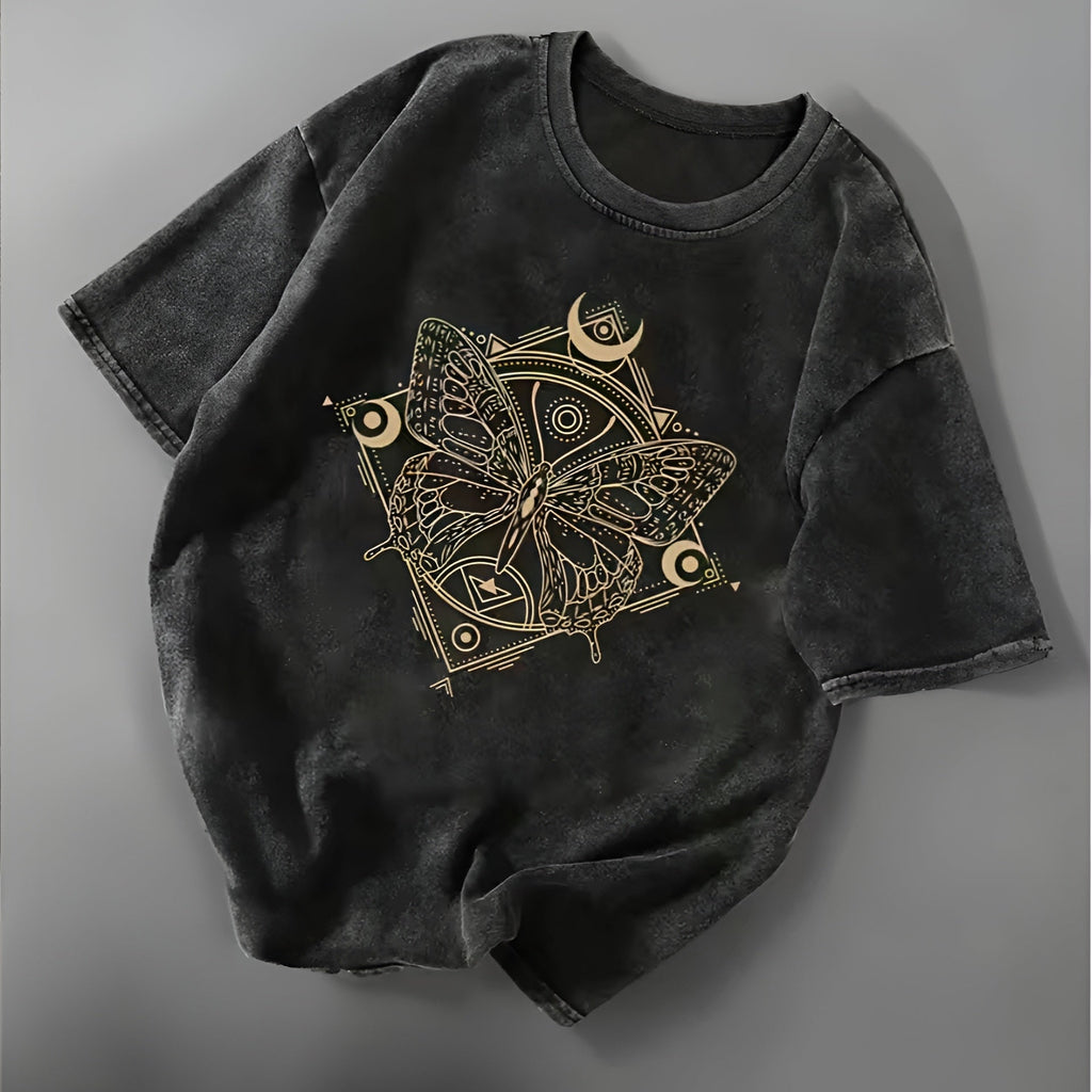 Gold Moon & Butterfly Tee – Eco Boho Shirt for Women