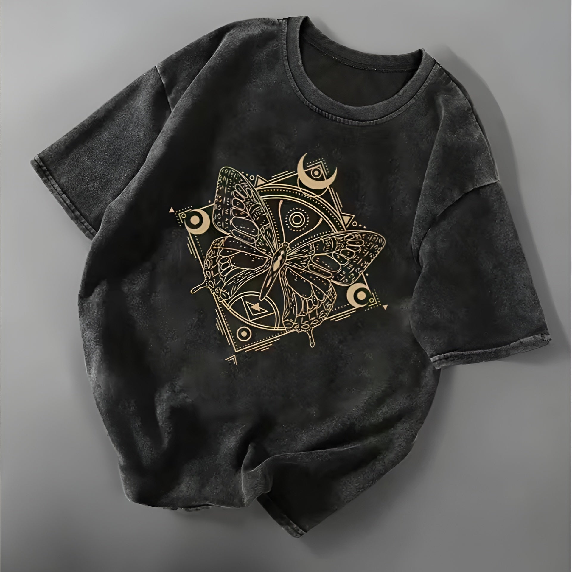 Gold Moon & Butterfly Tee – Eco Boho Shirt for Women