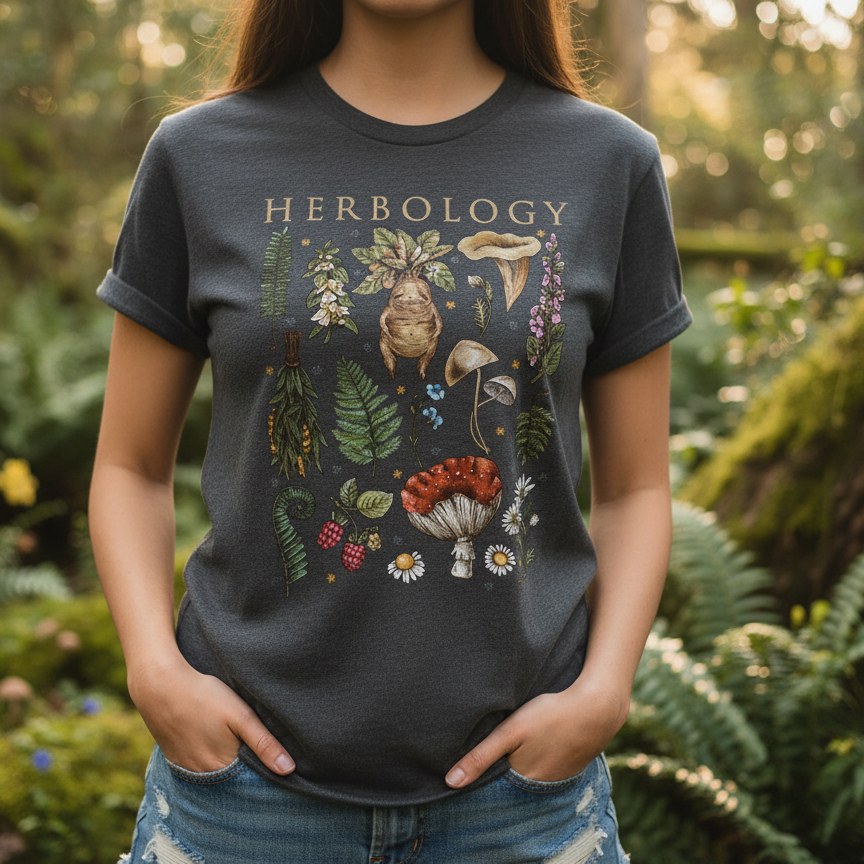 Person wearing a 'Herbology' themed t-shirt with nature-themed graphics in a forest setting.