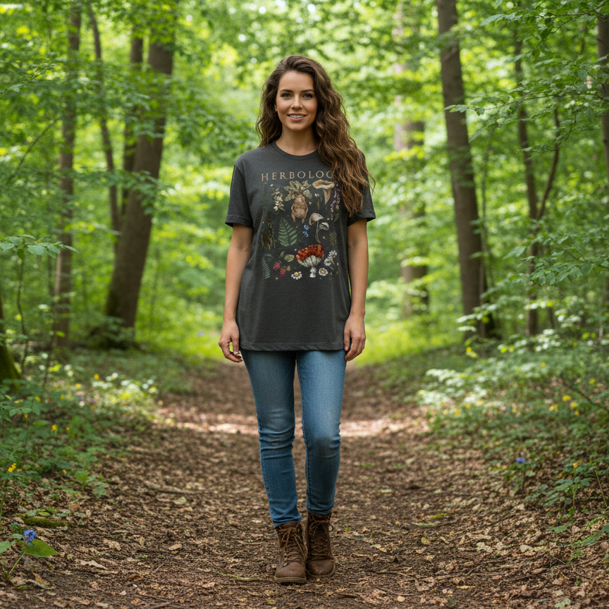 Woman walking through a forest wearing a dark t-shirt with colourful graphics and blue jeans. Herbology nature lover t-shirt.