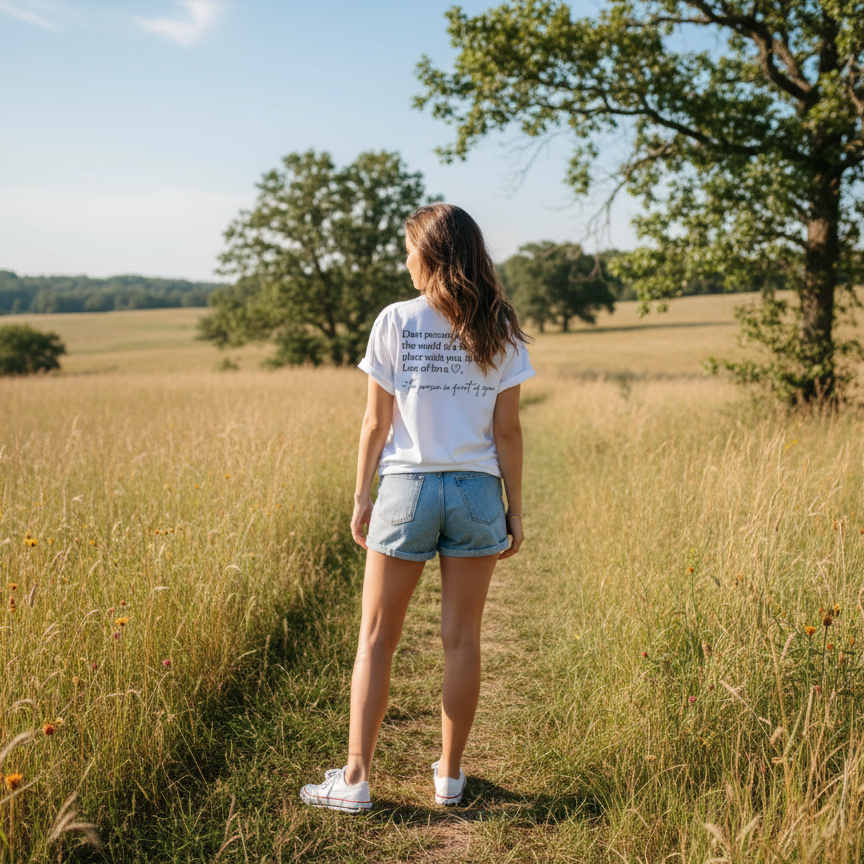 Person standing in a field with trees and open sky wearing a mental health inspirational t-shirt.