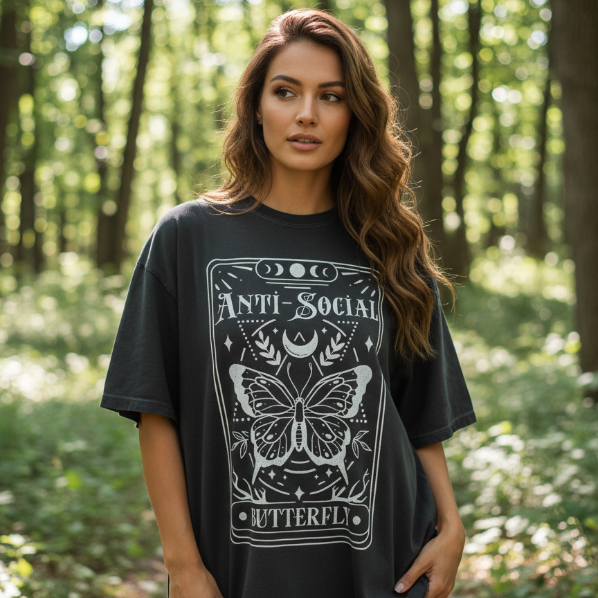 Woman wearing a black t-shirt with 'Anti-Social Butterfly' design in a forest setting