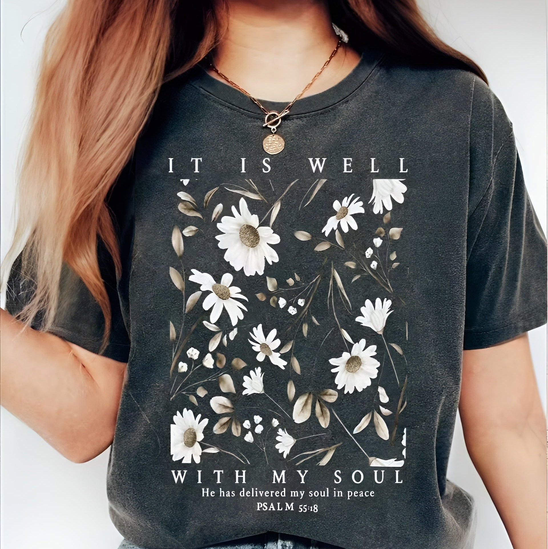 "It Is Well With My Soul" Psalm 55:18 T-Shirt – Grey Faith Tee for Women | Drifted Daisy