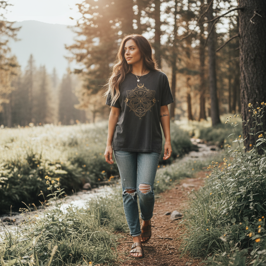 Woman walking on a path through a forest with mountains in the background wearing a spiritual butterfly t-shirt