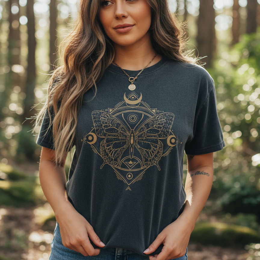 Woman wearing a dark t-shirt with a geometric butterfly design in a forest setting, Moon & Butterfly Gold T-Shirt – Spiritual Boho Tee