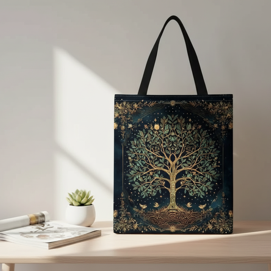 Tote bag with tree design on a wooden surface, Nature lover gift