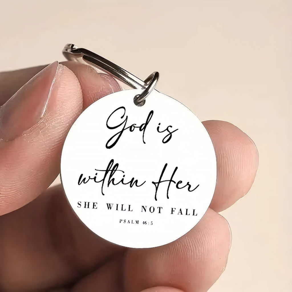 God Is In Her, She Will Not Fall” Keychain – Stainless Steel Christian Scripture Keyring