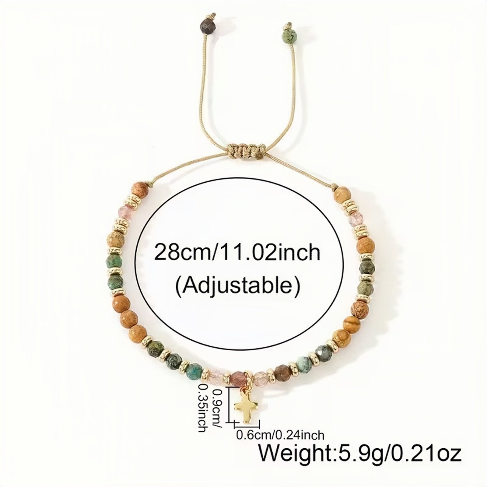 Beaded cross bracelet with adjustable length and weight measurement on a white background