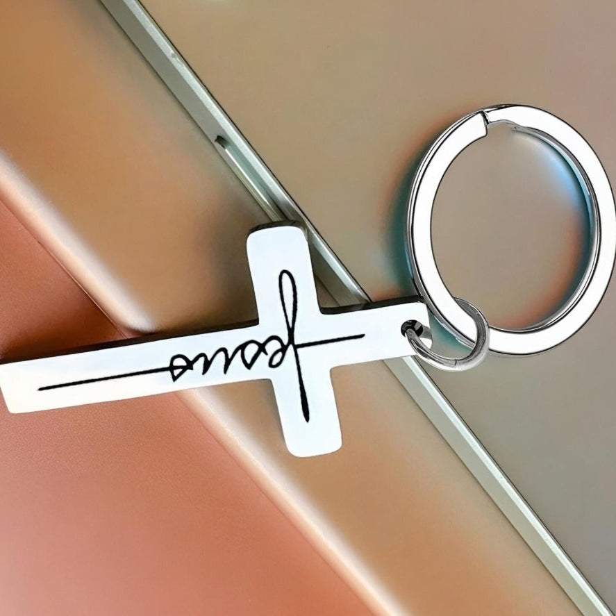 christian engraved cross keyring