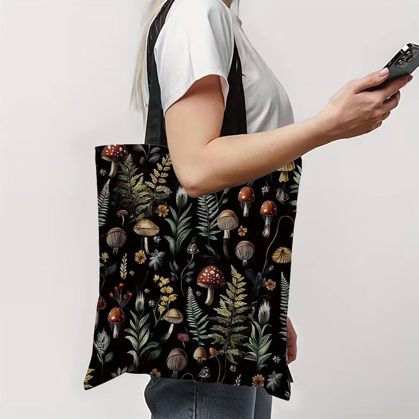 enchanted forest mushroom tote bag