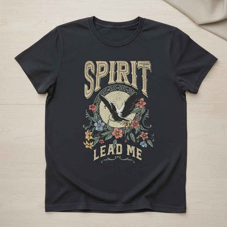 Black t-shirt with 'Spirit Lead Me' design on a light wooden surface