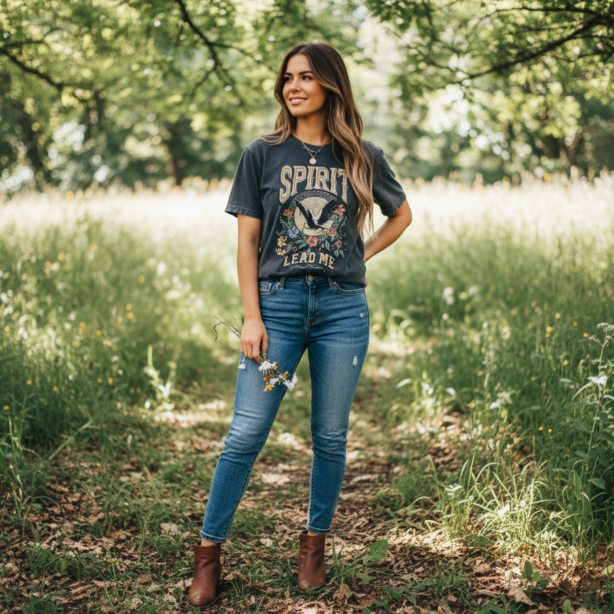 Woman standing in a field wearing a faith graphic t-shirt and jeans.