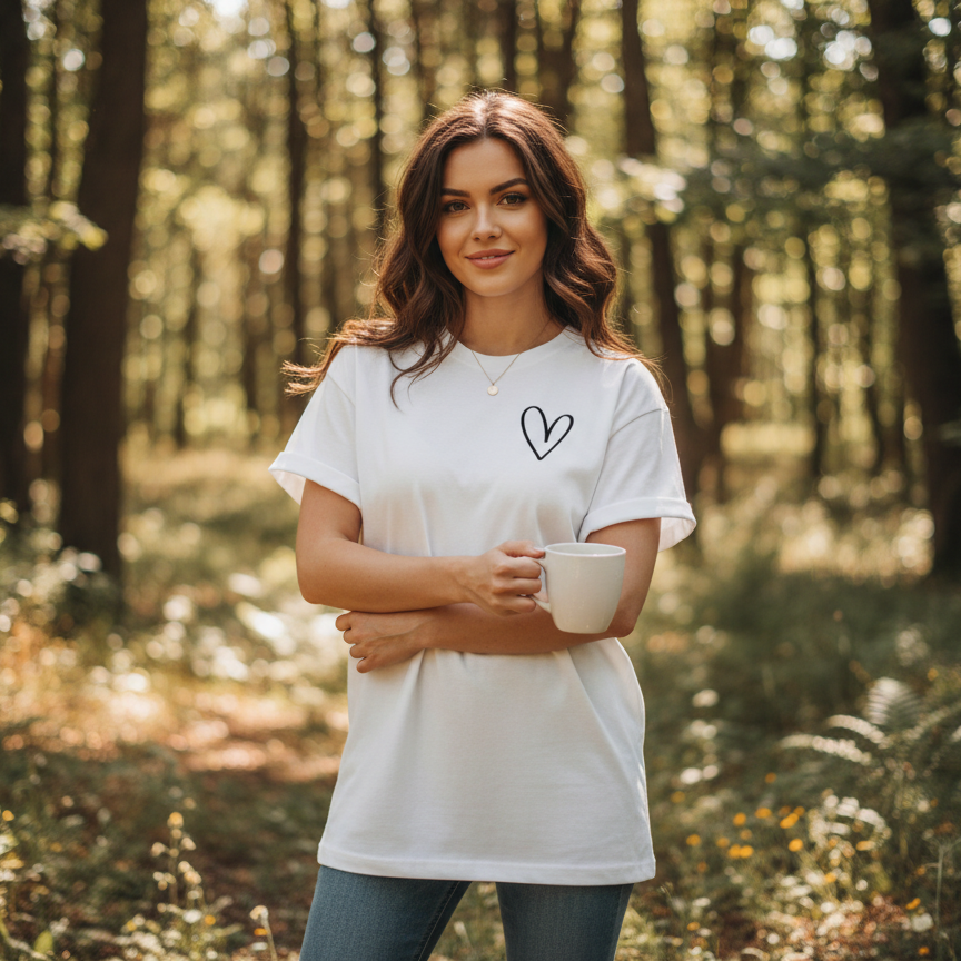 Woman holding a mug in a forest wearing a heart t-shirt