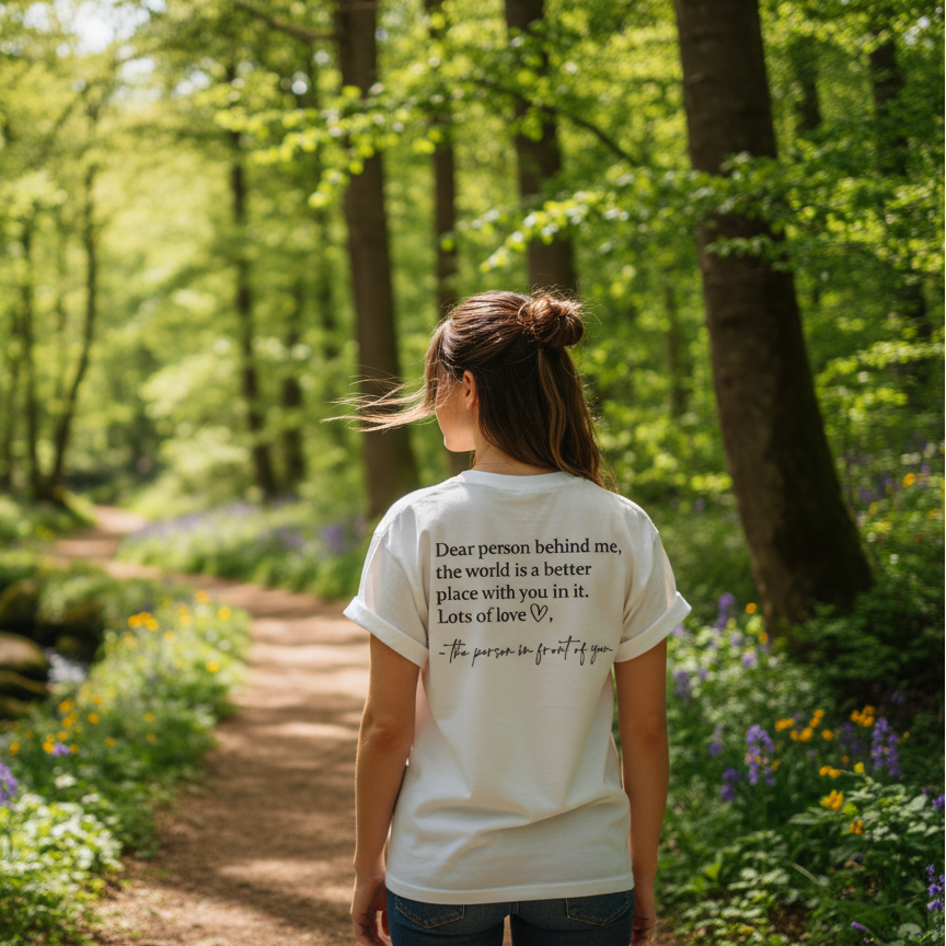 Person standing in a forest wearing a t-shirt with inspirational text, looking at nature.