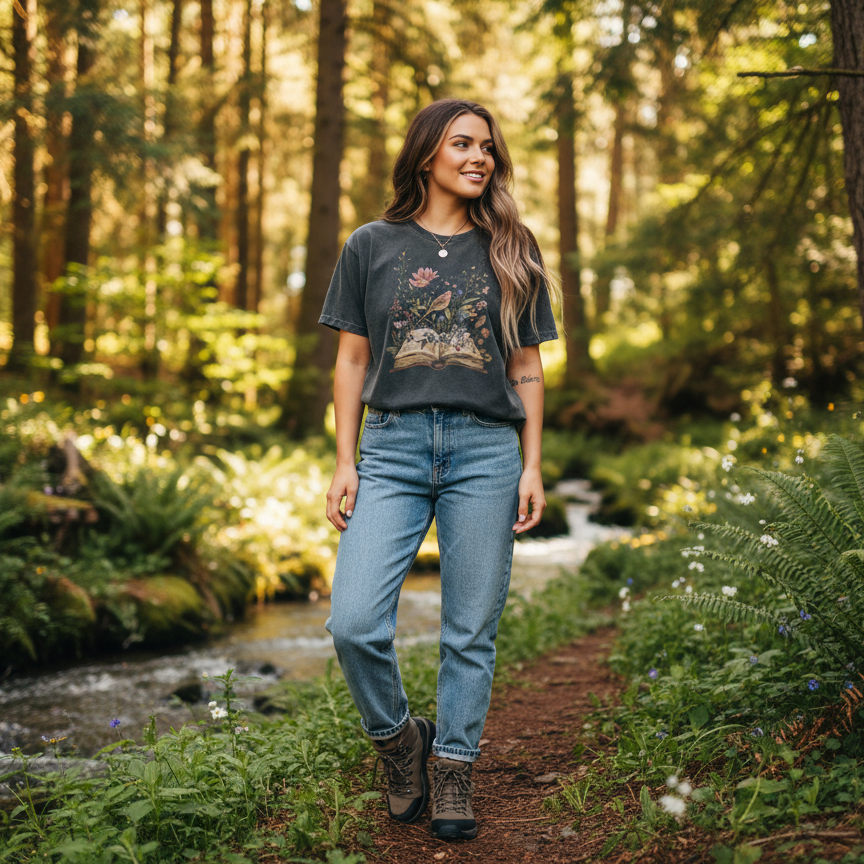 Woman walking through a forest with a scenic background wearing a nature book lover t-shirt