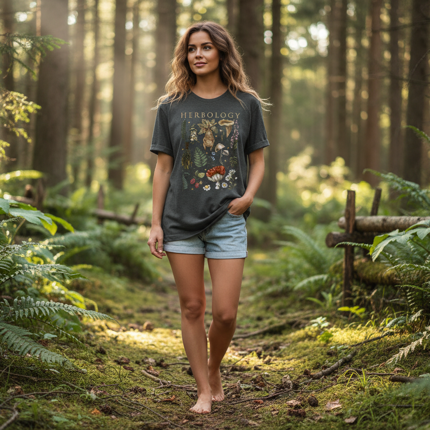 Woman walking through a forest wearing a nature t-shirt and shorts.