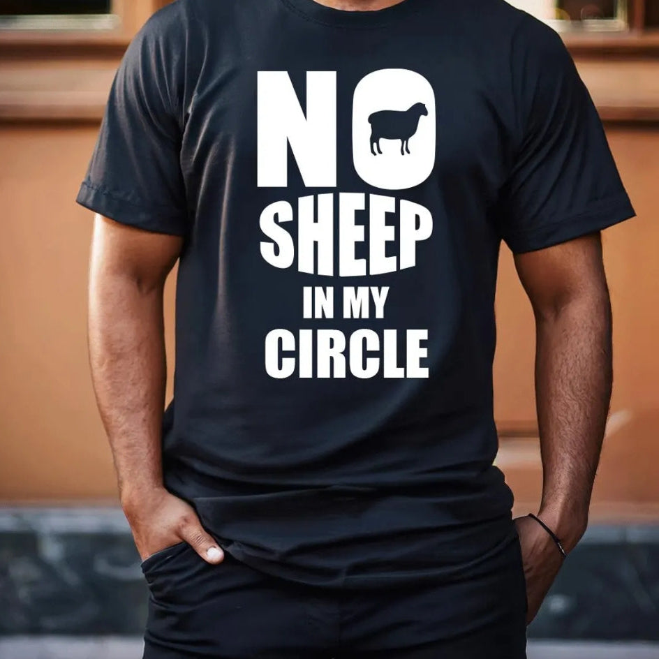 Person wearing a black t-shirt with 'No Sheep in My Circle' text and graphic.
