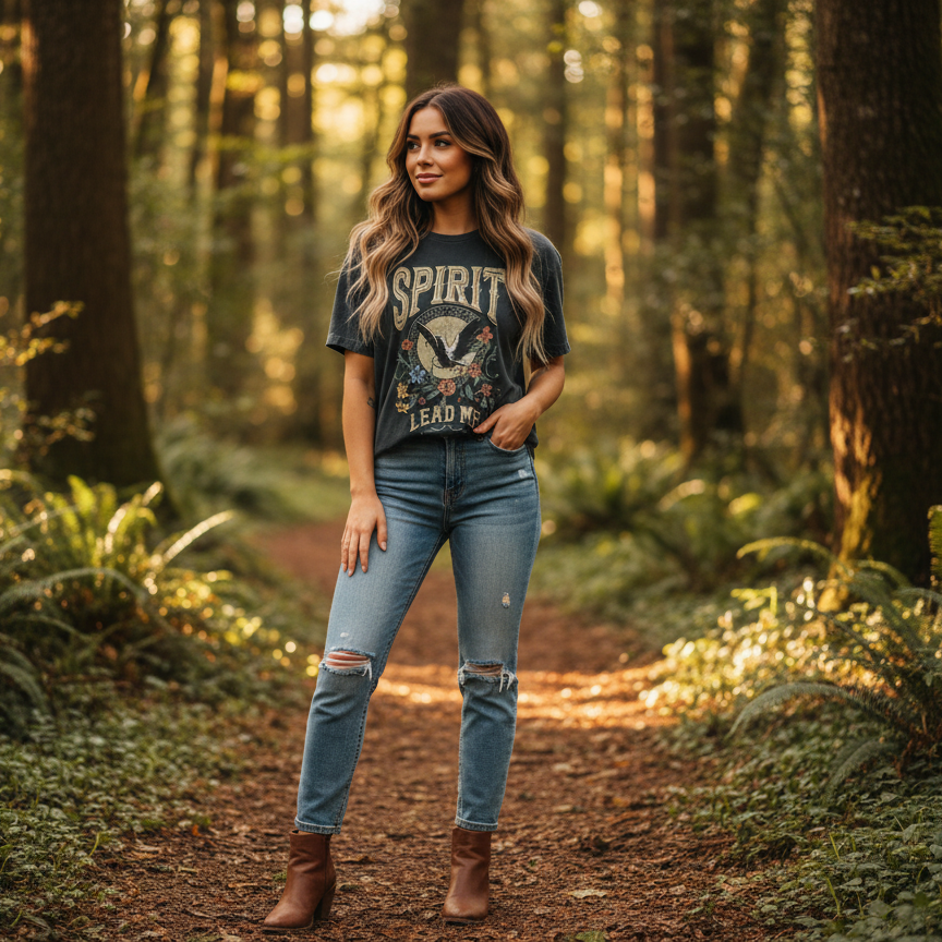 Woman standing in a forest wearing a graphic t-shirt "spirit lead me" and jeans.