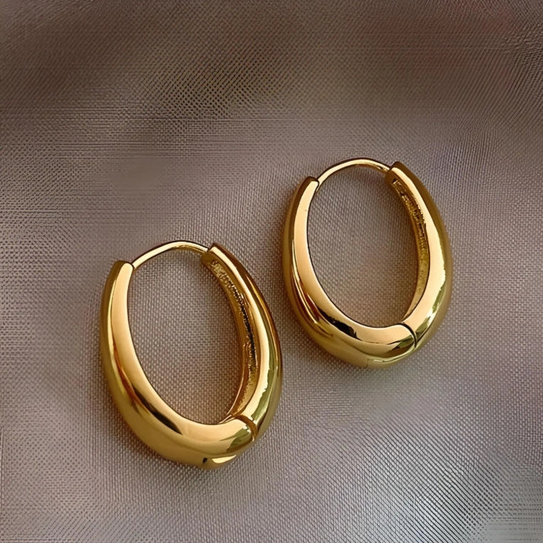 Pair of gold hoop earrings on a textured brown background